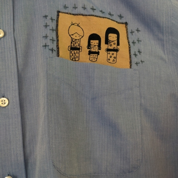 Denver Hayes Shirt Men's 2XL Blue Upcycled Patch Long Sleeve Dadcore - Picture 3 of 9